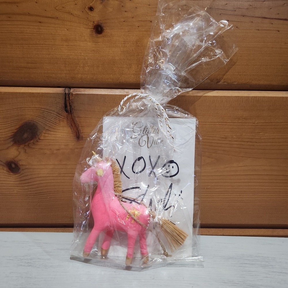 Glitterville NEW *Read* Pink Unicorn Ornament Painted Bow Straw Mane Tail Signed